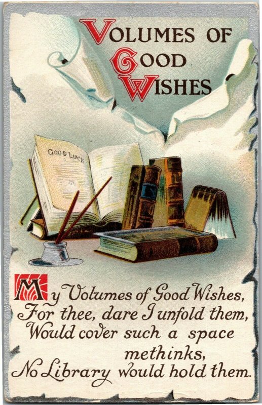 Volumes of Good Wishes Library Books Pens Inkwell Vintage Postcard E11 