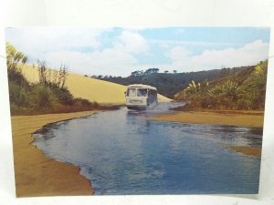 Tour Bus Driving Through Te Paki Stream Vintage Postcard New Zealand