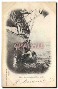 Old Postcard Boat War Sailors cleaning their ship