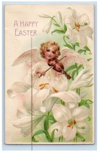 Red Oak Iowa IA Postcard Easter Angel Playing Violin Flowers Embossed 1909