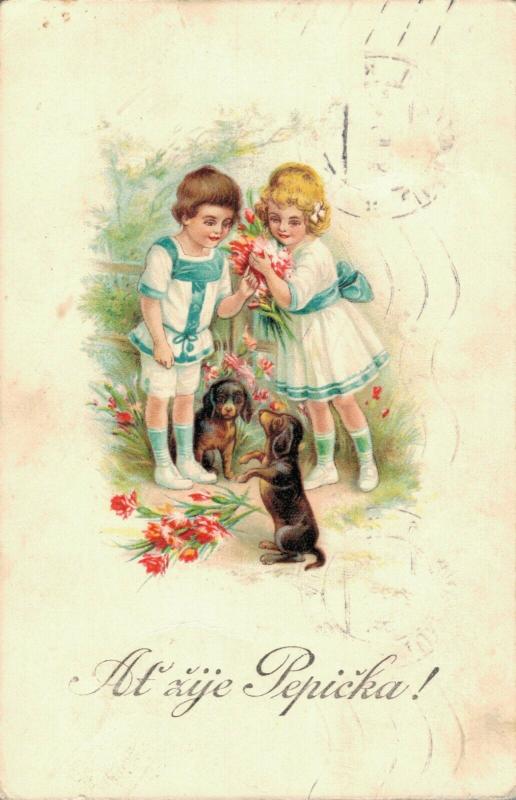 Kids with puppys Vintage Litho Postcard 02.87