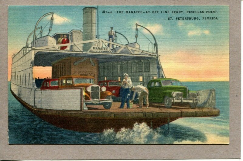 Postcard FL St. Petersburg Manatee Bee Line Ferry Pinellas Point Cars -262