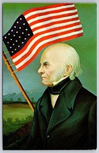 6th President John Quincy Adams & 24 Star Flag~Morris Katz~Vintage Postcard