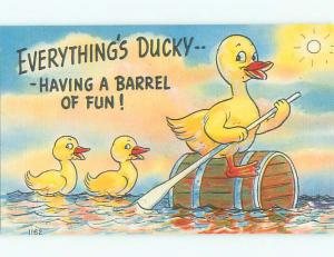 Unused Linen comic HUMANIZED DUCK WITH BOAT OAR PADDLE k3295