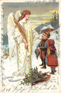 Fröhliche Weihnachten Christmas Greetings Angel & Children 1906 Vintage Postcard