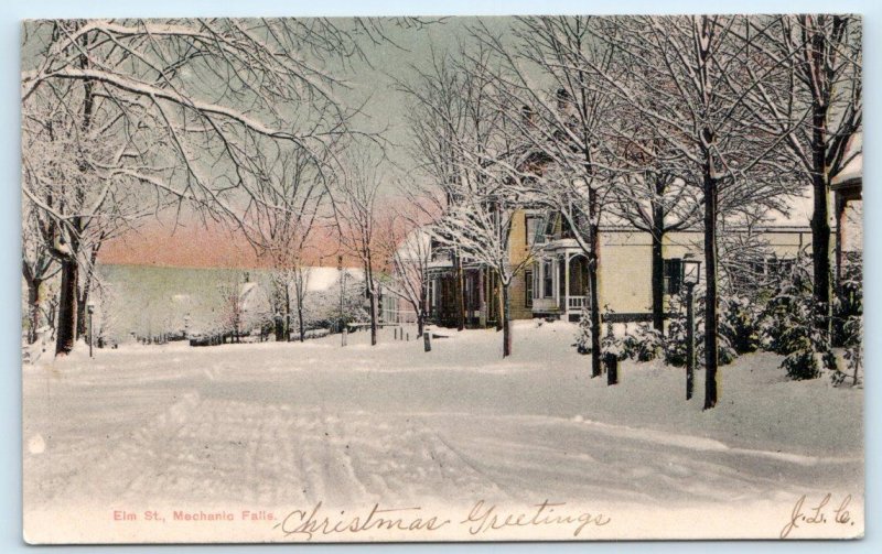 2 Postcards MECHANIC FALLS, Maine ME ~ Summer/Winter ELM STREET Scenes 1906