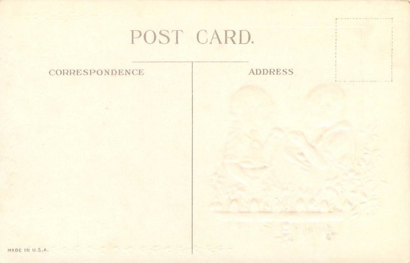 Easter Postcard, Boy & Girl, Dyed Eggs, Picket Fence Embossed Easter Greetings