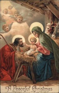 Christmas Baby Angels Watch Over Mary Joseph Baby Jesus c1910 Postcard