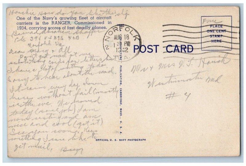 1942 USS Ranger Navy Aircraft Carrier Norfolk VA Soldier Mail WW2 Postcard