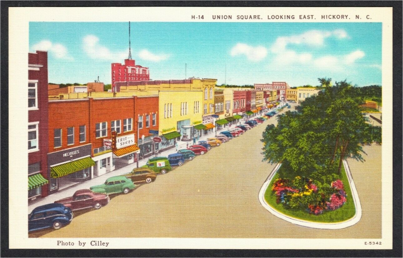 Hickory NC Union Square Street with Stores Cars 1940s1950s Linen
