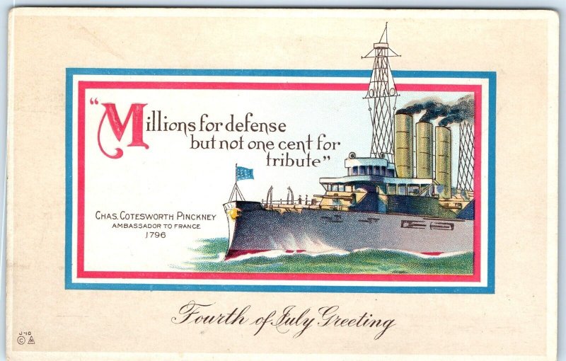 c1910s 4th of July Greeting Battleship Chas. Cotesworth Pinckney 1796 Quote A84