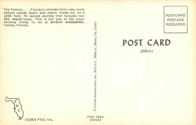 LP82  Busch Gardens Tampa  Florida Postcard   Python Thrill Ride 