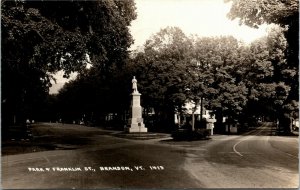 RPPC Postcard VT Brandon Park & Franklin Street Civil War Monument 1944 S72