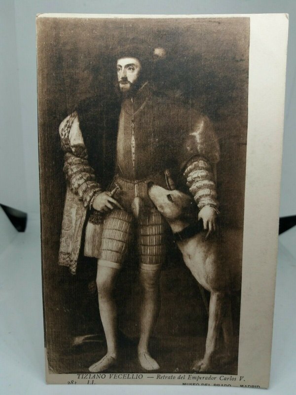 Portrait of King Charles V of Spain with his Dog Vintage Art Emperor Postcard