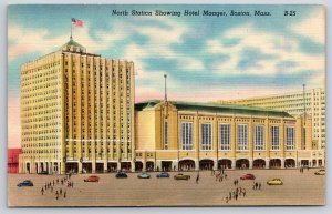 Boston Massachusetts~North Railroad Station~Hotel Manger~USA Flag~Linen 1947 PC