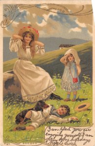 Lot244 postcard children playing artist signed malick uk