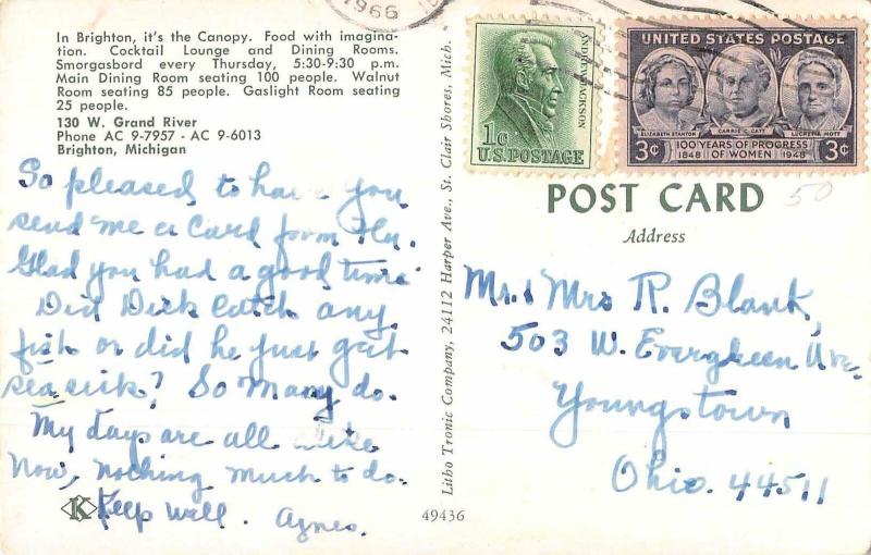 Brighton Michigan The Canopy Restaurant Dining Room Vintage Postcard JE229801