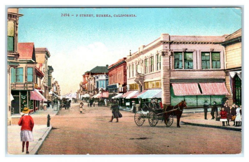 EUREKA, CA ~ F STREET SCENE Horse-drawn Wagon c1910s Humboldt County Postcard