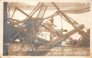 RPPC HORSE HANGING BRIDGE DAYTON OHIO FLOOD DISASTER REAL PHOTO POSTCARD (1913)