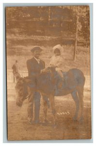 Vintage 1906 RPPC Postcard Father Daughter on Donkey Hot Springs Arkansas