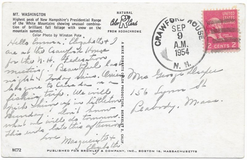 US Mt Washington, New Hampshire with postage, mailed 1954.