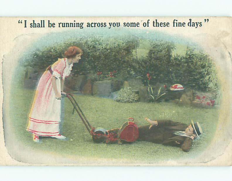 Unused Bamforth comic WOMAN RUNS OVER MAN WITH LONG ROLLER MACHINE