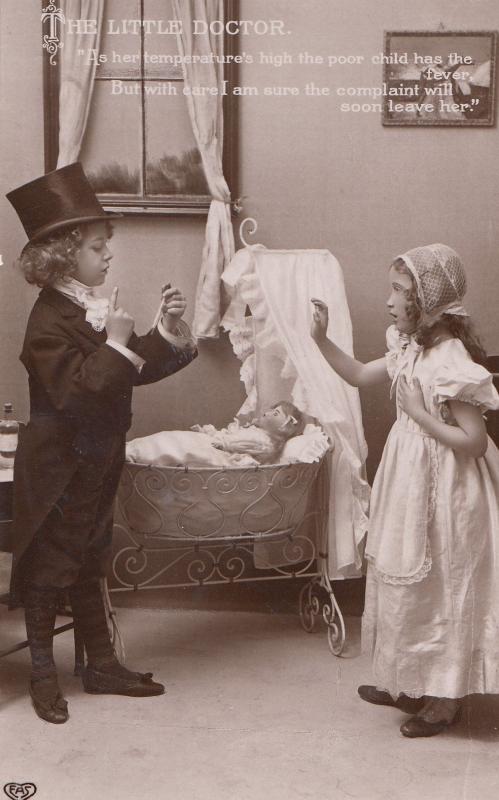 Children Playing Doctors & Nurses Game Doll Real Photo Postcard