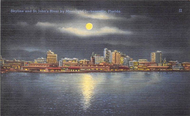 Jacksonville Florida 1940s Postcard Skyline & St. Johns River Moonlight