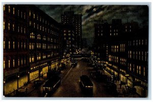 View Of Moon Light Night Scene Building Cars Kansas City KS Vintage Postcard