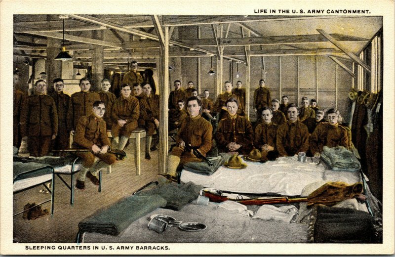 Vtg Life in US Army Cantonment Sleeping Quarters Barracks WWI Military Postcard