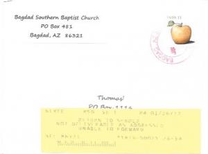 US #4728  Golden Delicious Apple.  Invitation to attend Church - Bagdad
