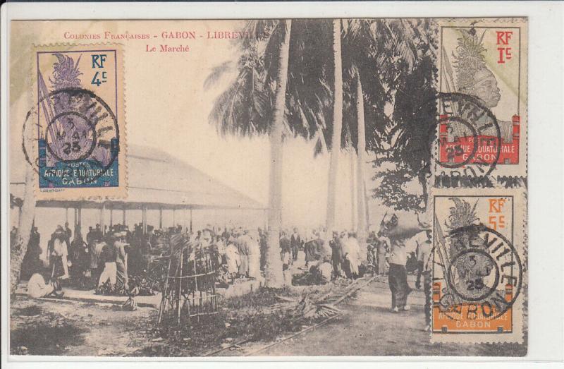 Gabon Libreville market scene stamps 1925 postcard