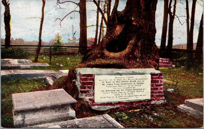 Vtg Graveyard VA Jamestown Sarah Blair Tombstone Sycamore Tree 1910s Postcard 