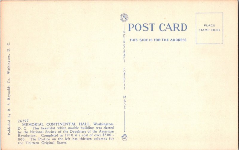 CONTINENTAL HALL. WASHINGTON. D. C. Vintage Postcard K3