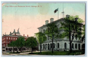 Oswego New York Postcard Post Office Redstone Hotel Exterior View 1913 Vintage