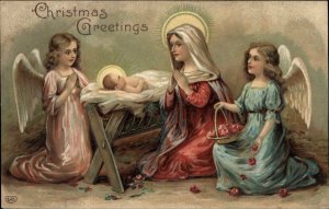 EAS Christmas Nativity Mary Baby Jesus Angels c1910 Vintage Postcard