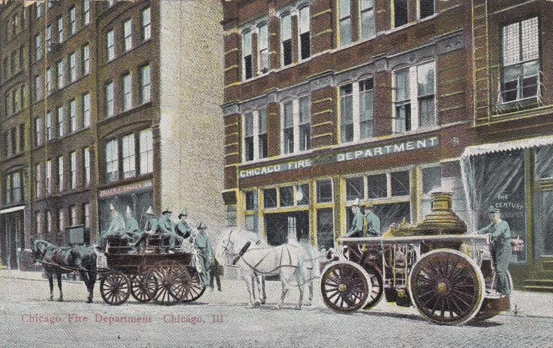 CHICAGO IL 1907-15 FIRE DEPARTMENT w 2 HORSE DRAWN FIRE WAGONS USED POSTCARD