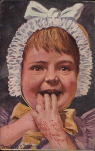 A/S Donadini Dresden Laughing Little Girl in Bonnet c1910 Vintage Postcard