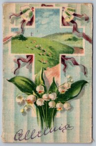 Alleluia Cross Pastoral Scene Lily Of The Valley Printed On Silk Easter Postcard