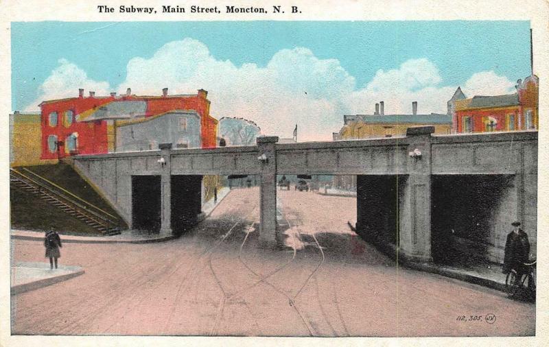 MONCTON, NB Canada  SUBWAY~MAIN STREET SCENE~Men On Street  c1920's Postcard