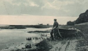 Fisherman By Boat Daydreaming Vintage Real Photo Postcard