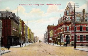 Windsor Ontario Sandwich Street looking West Trolley ON Unused Postcard H12