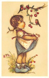 Girl & Cherries Bonnie Mainzer #584 Little Folks Belgium Vintage Postcard Hummel