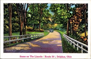 Antique Car Driving Scene Lincoln Route 30 Delphos Ohio OH Timber Postcard Note 