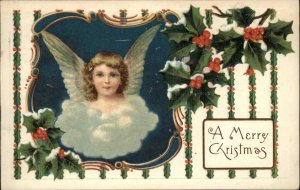 Christmas Little Girl Angel Holly Border c1910 Vintage Postcard