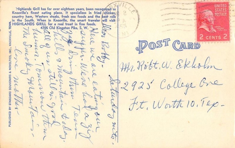 HIGHLANDS GRILL Roadside Knoxville, TN Fried Chicken 1955 Linen Vintage Postcard