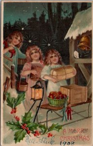 Christmas Angels Bringing Gifts Dolls Fruit Toys Night Scene Postcard Z1
