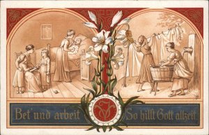 Art Nouveau Women Mother's Laundry Children Pray & Work So God Helps Postcard