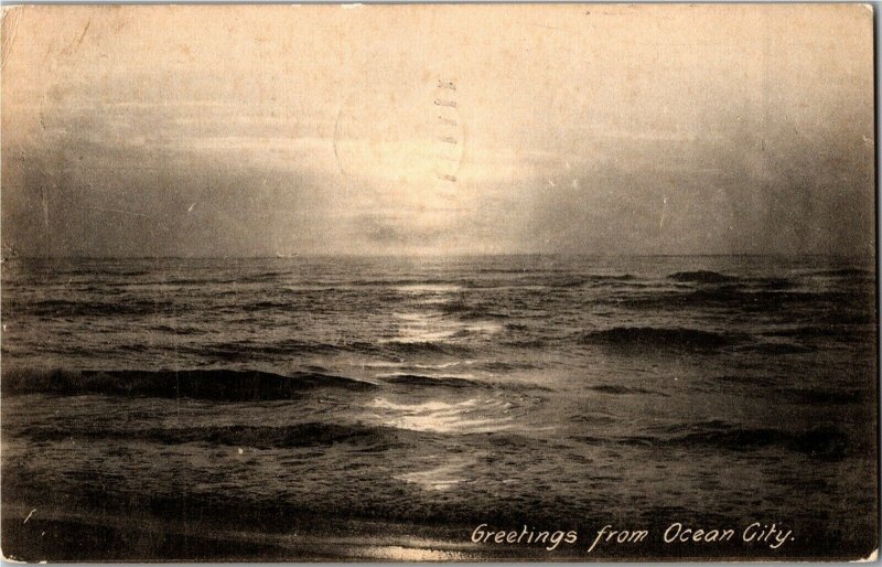 Sunrise View, Ocean, Greetings from Ocean City NJ c1909 Vintage Postcard A42