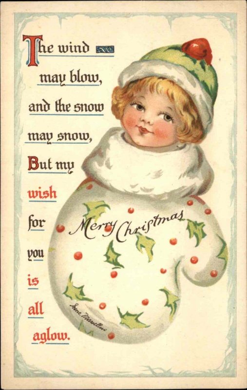 Nister No 204W Irene Marsellus Christmas Child in Mitten c1910 Vintage Postcard